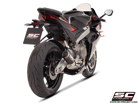 Aprilia RS 660 with SC-Project Stainless steel full exhaust system, with CR-T carbon exhaust, with stoneguard grid, 3/4 rear view