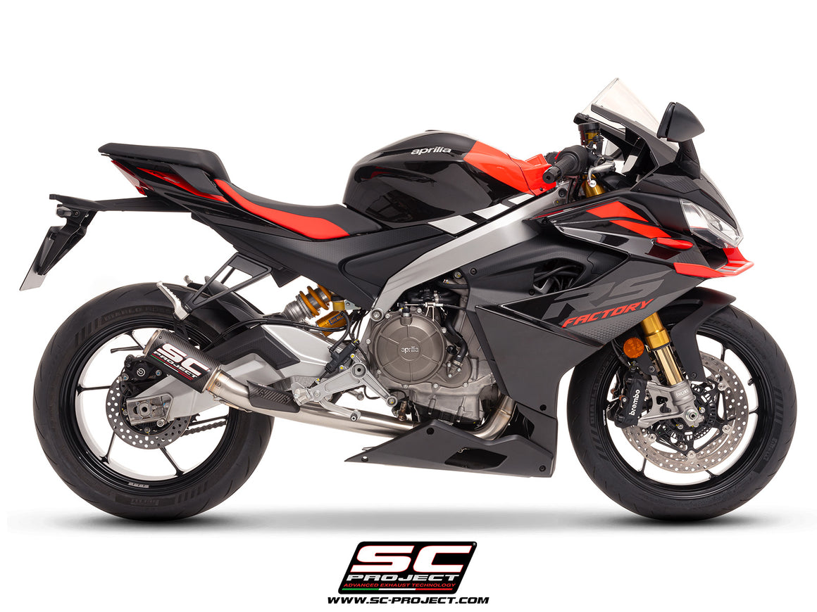 Aprilia RS 660 with SC-Project Stainless steel full exhaust system, with CR-T carbon exhaust, with stoneguard grid, 3/4 rear view