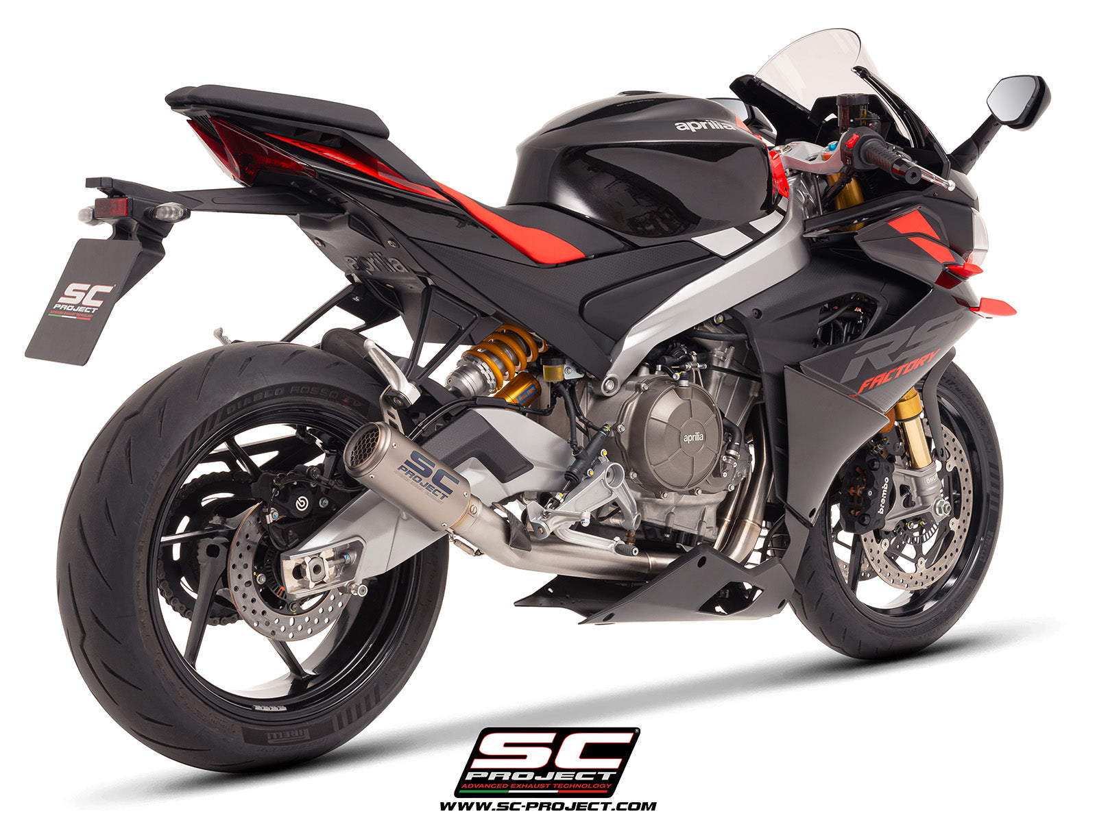 Aprilia RS 660 with SC-Project Stainless steel full exhaust system, with CR-T titanium exhaust, with stoneguard grid, 3/4 rear view
