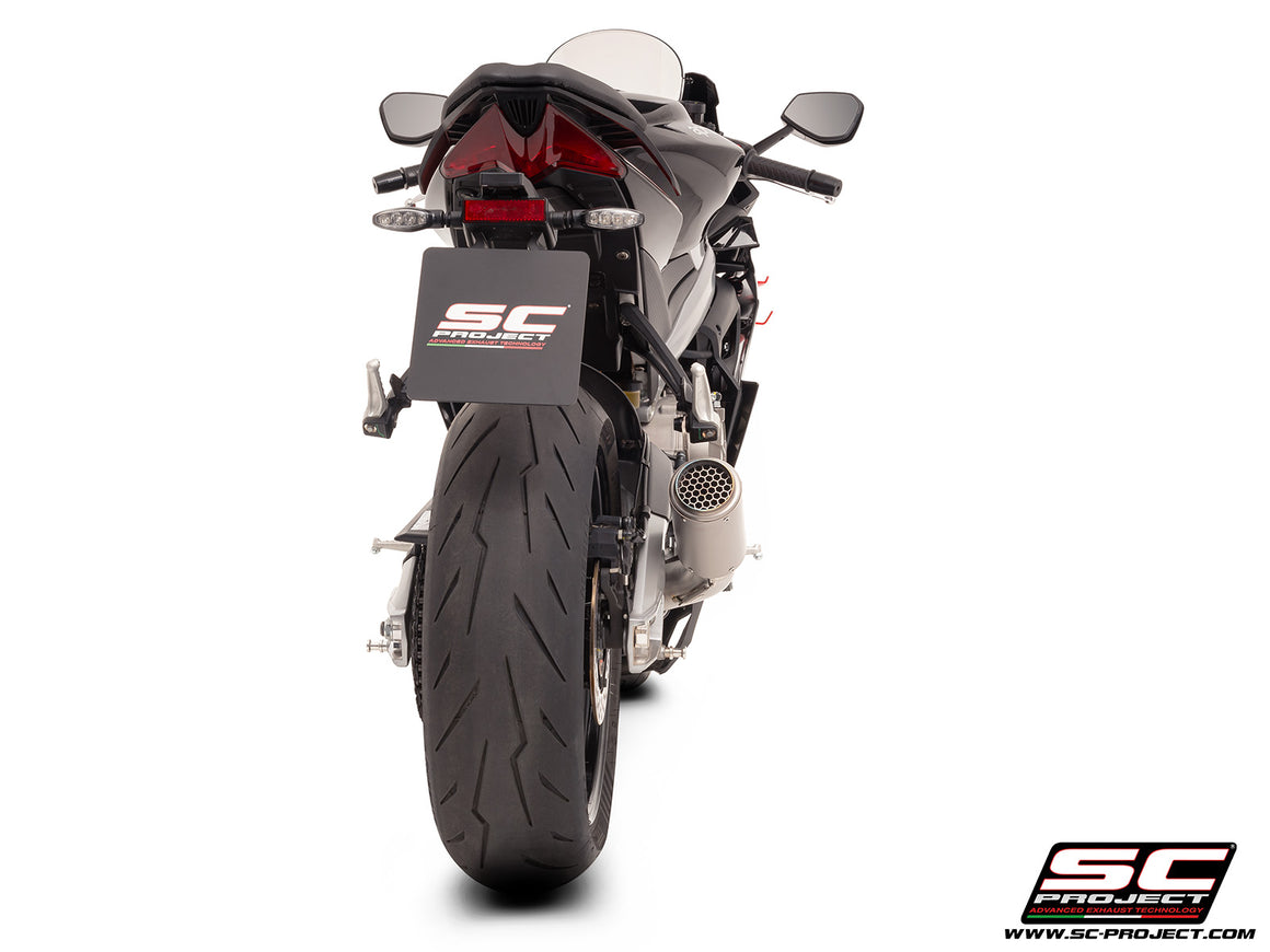 Aprilia RS 660 with SC-Project Stainless steel full exhaust system, with CR-T titanium exhaust, with stoneguard grid, 3/4 rear view