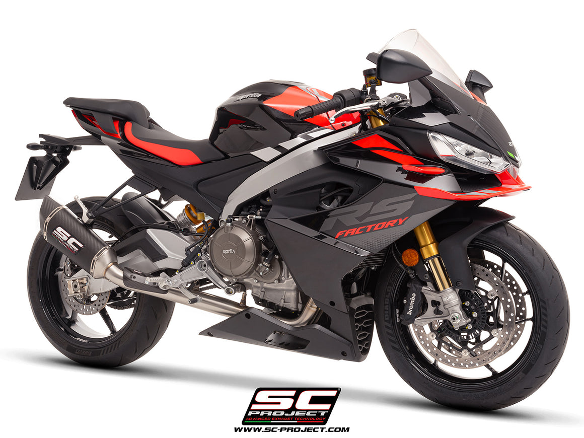 Aprilia RS 660 with SC-Project Stainless steel full exhaust system, with SC1-R carbon exhaust, 3/4 rear view