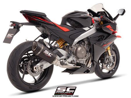 Aprilia RS 660 with SC-Project Stainless steel full exhaust system, with SC1-R carbon exhaust, 3/4 rear view