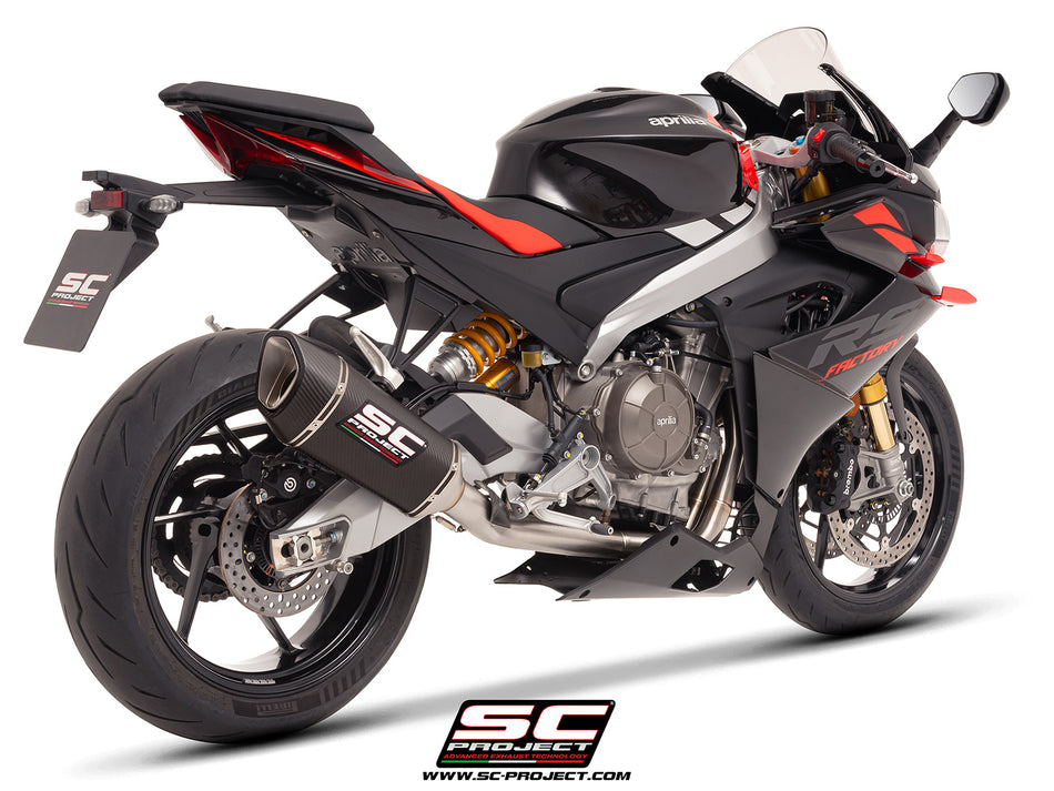 Aprilia RS 660 with SC-Project Stainless steel full exhaust system, with SC1-R carbon exhaust, 3/4 rear view