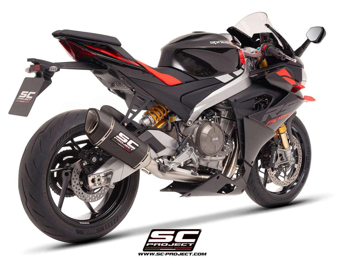 Aprilia RS 660 with SC-Project Stainless steel full exhaust system, with SC1-R carbon exhaust, 3/4 rear view