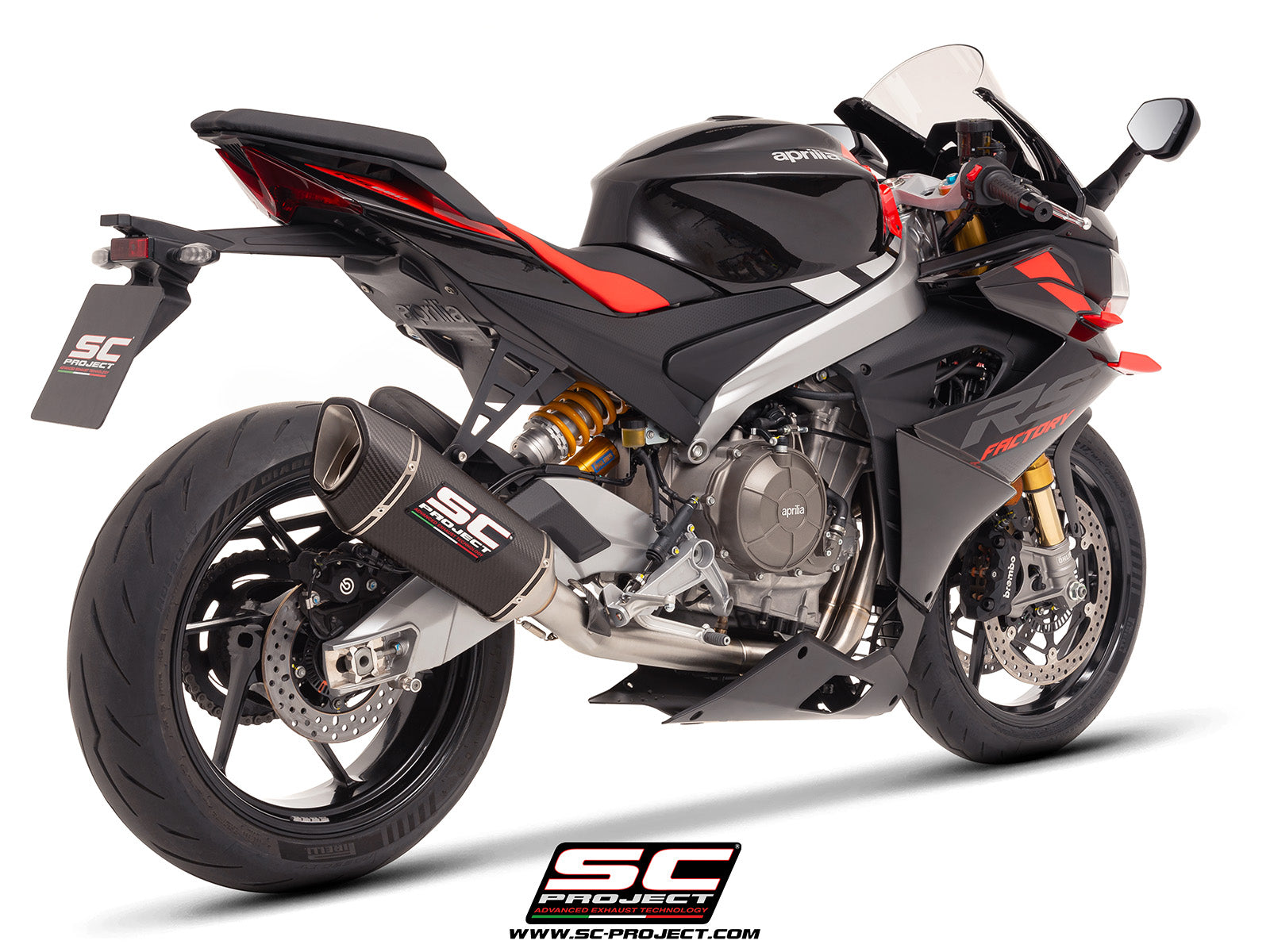 Aprilia RS 660 with SC-Project Stainless steel full exhaust system, with SC1-R carbon exhaust, 3/4 rear view