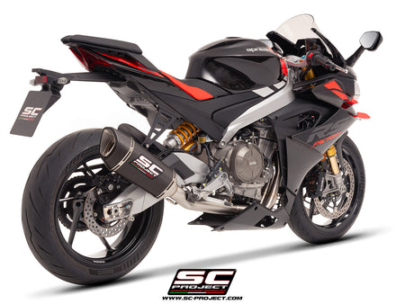 Aprilia RS 660 with SC-Project Stainless steel full exhaust system, with SC1-R carbon exhaust, 3/4 rear view