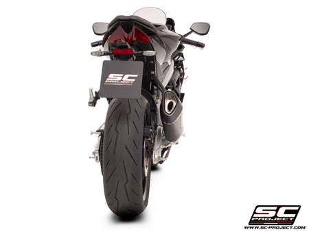 Aprilia RS 660 with SC-Project Stainless steel full exhaust system, with SC1-R carbon exhaust, 3/4 rear view