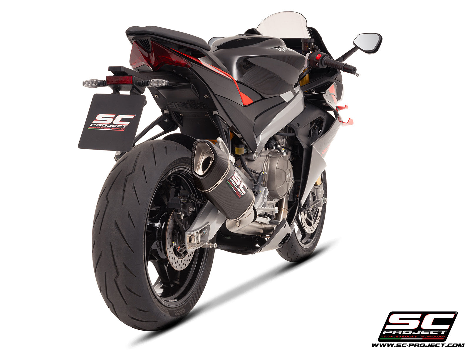 Aprilia RS 660 with SC-Project Stainless steel full exhaust system, with SC1-R carbon exhaust, 3/4 rear view