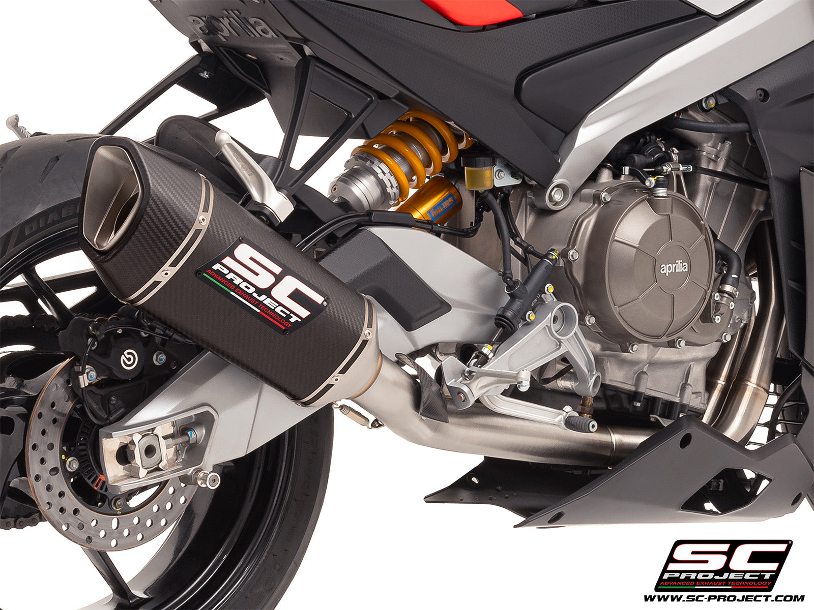 Aprilia RS 660 with SC-Project Stainless steel full exhaust system, with SC1-R carbon exhaust, 3/4 rear view