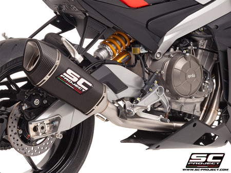 Aprilia RS 660 with SC-Project Stainless steel full exhaust system, with SC1-R carbon exhaust, 3/4 rear view