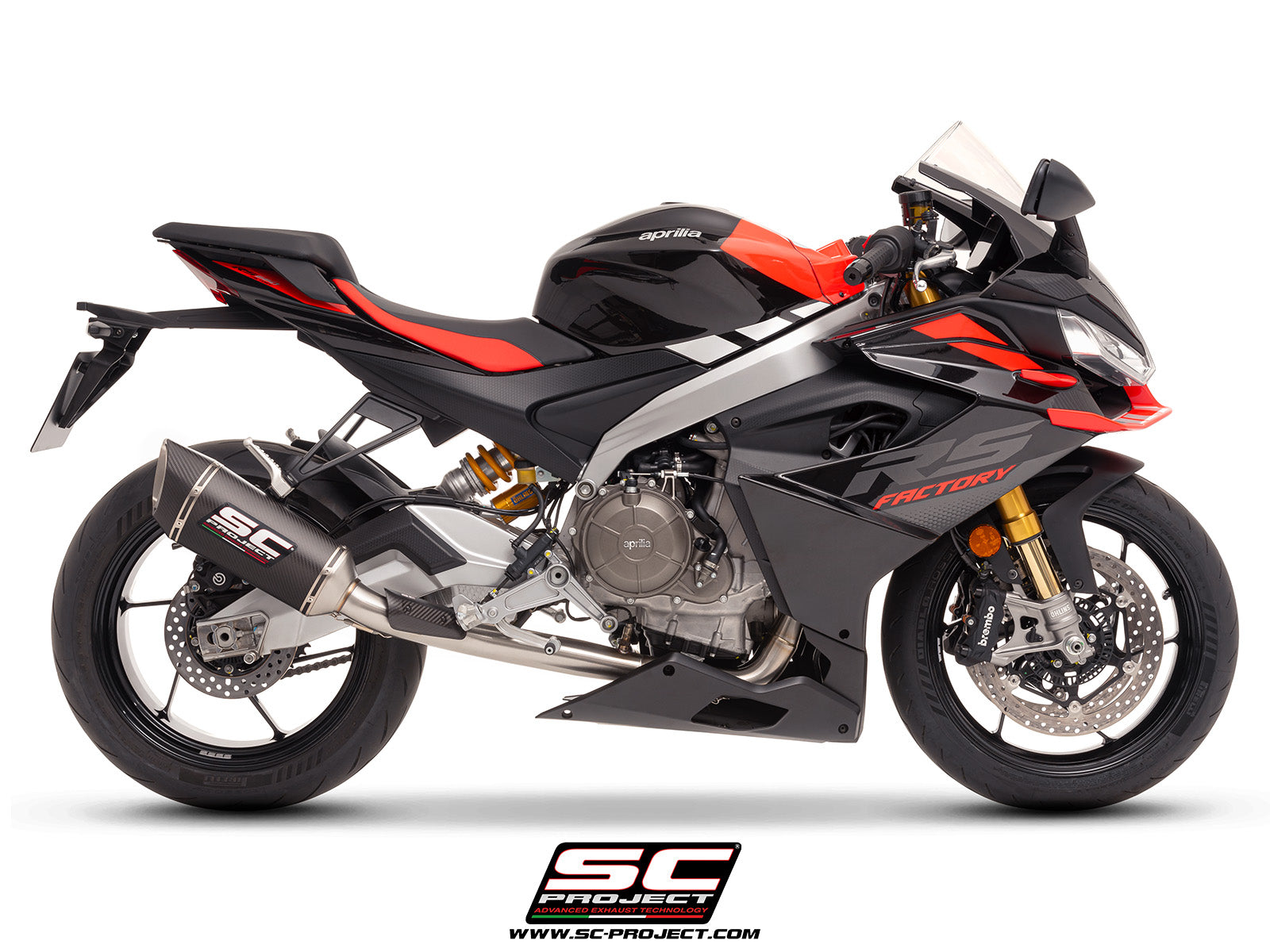 Aprilia RS 660 with SC-Project Stainless steel full exhaust system, with SC1-R carbon exhaust, 3/4 rear view