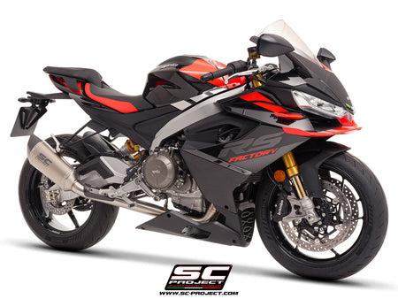 Aprilia RS 660 with SC-Project Stainless steel full exhaust system, with SC1-R titanium exhaust, 3/4 rear view