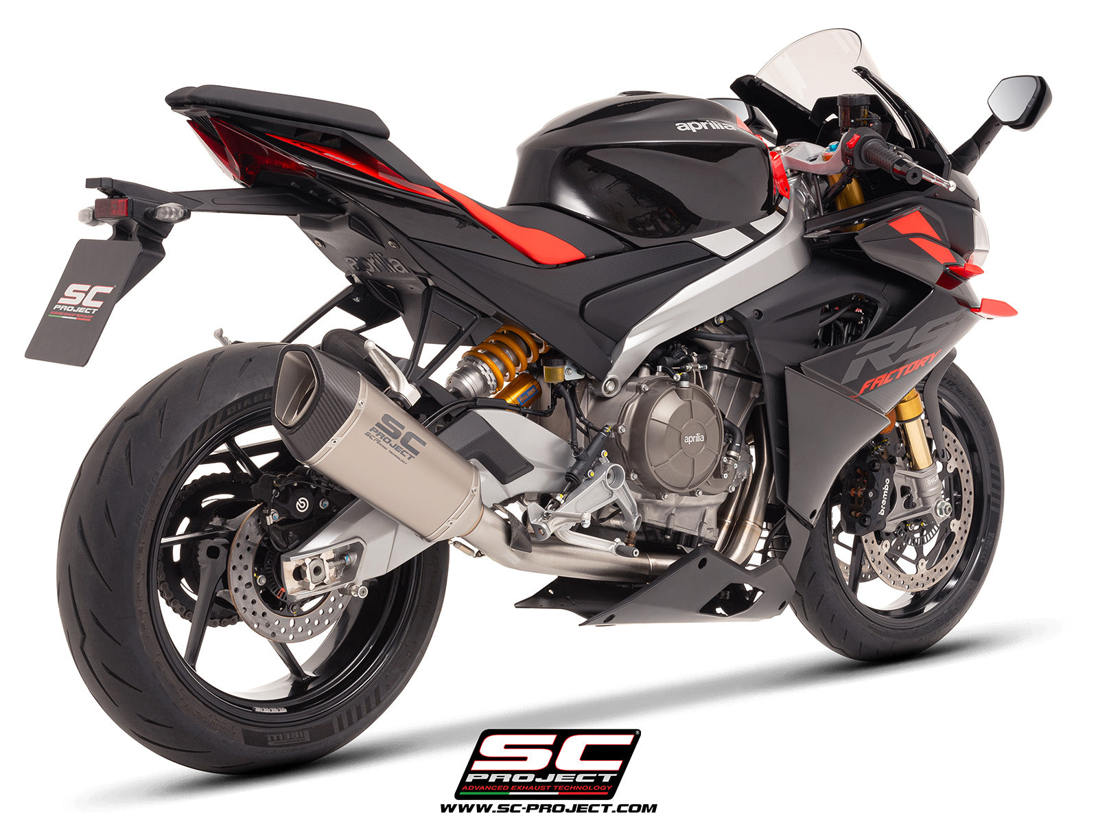 Aprilia RS 660 with SC-Project Stainless steel full exhaust system, with SC1-R titanium exhaust, 3/4 rear view
