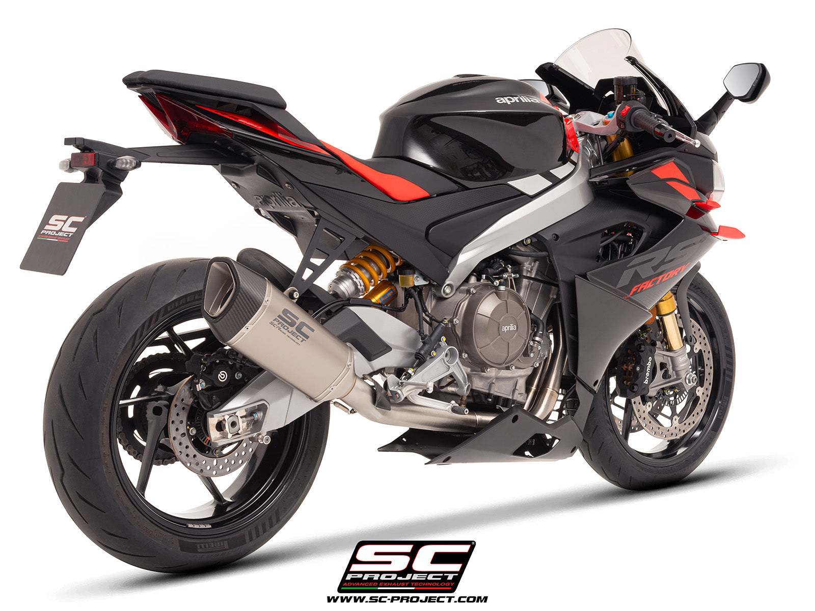Aprilia RS 660 with SC-Project Stainless steel full exhaust system, with SC1-R titanium exhaust, 3/4 rear view