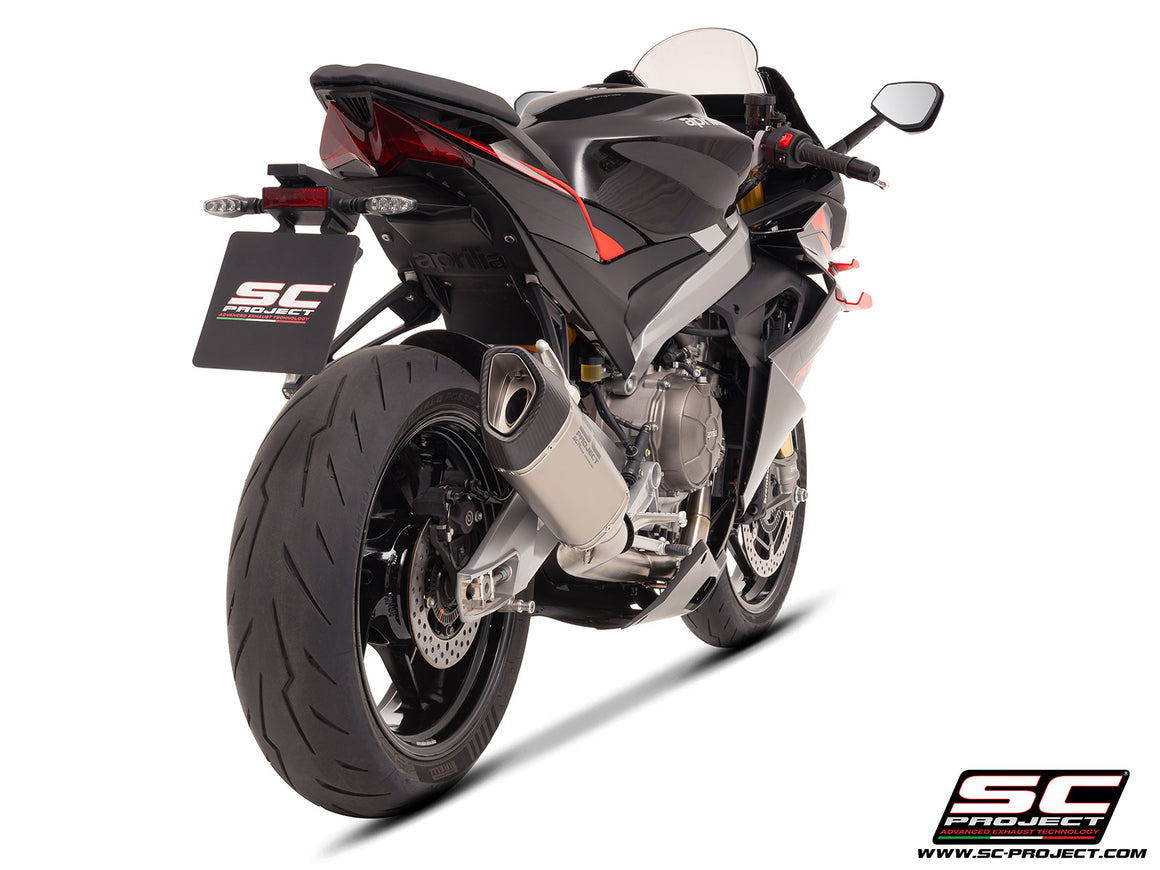 Aprilia RS 660 with SC-Project Stainless steel full exhaust system, with SC1-R titanium exhaust, 3/4 rear view