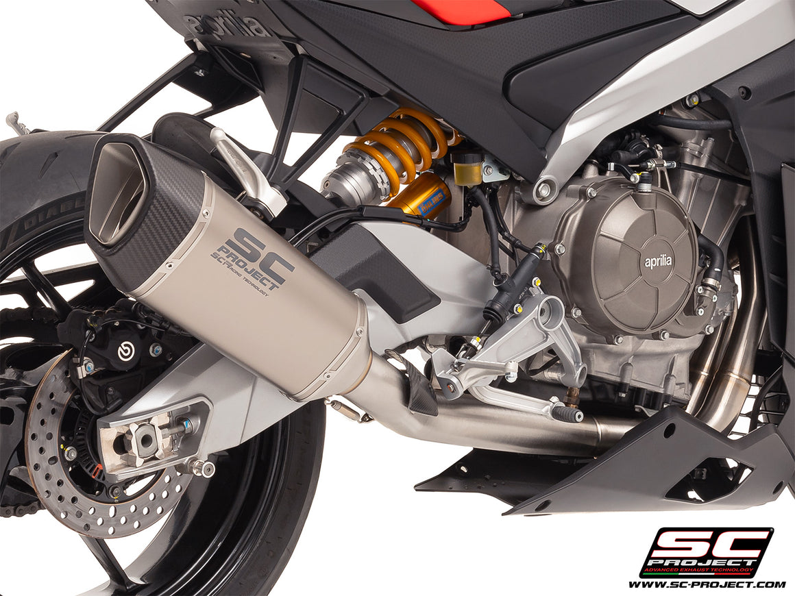 Aprilia RS 660 with SC-Project Stainless steel full exhaust system, with SC1-R titanium exhaust, 3/4 rear view