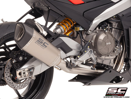 Aprilia RS 660 with SC-Project Stainless steel full exhaust system, with SC1-R titanium exhaust, 3/4 rear view
