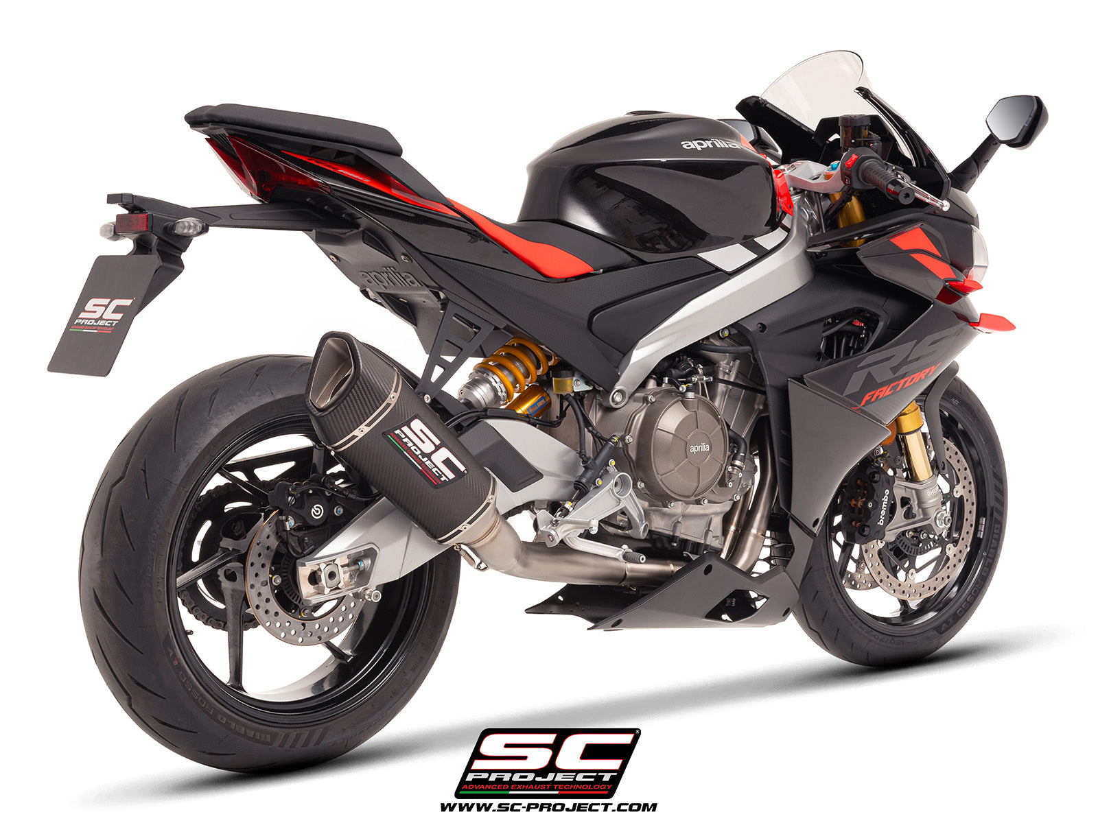 Aprilia Tuono 660 with SC-Project 2-1 Titanium full exhaust system, with SC1-R carbon exhaust, 3/4 rear view