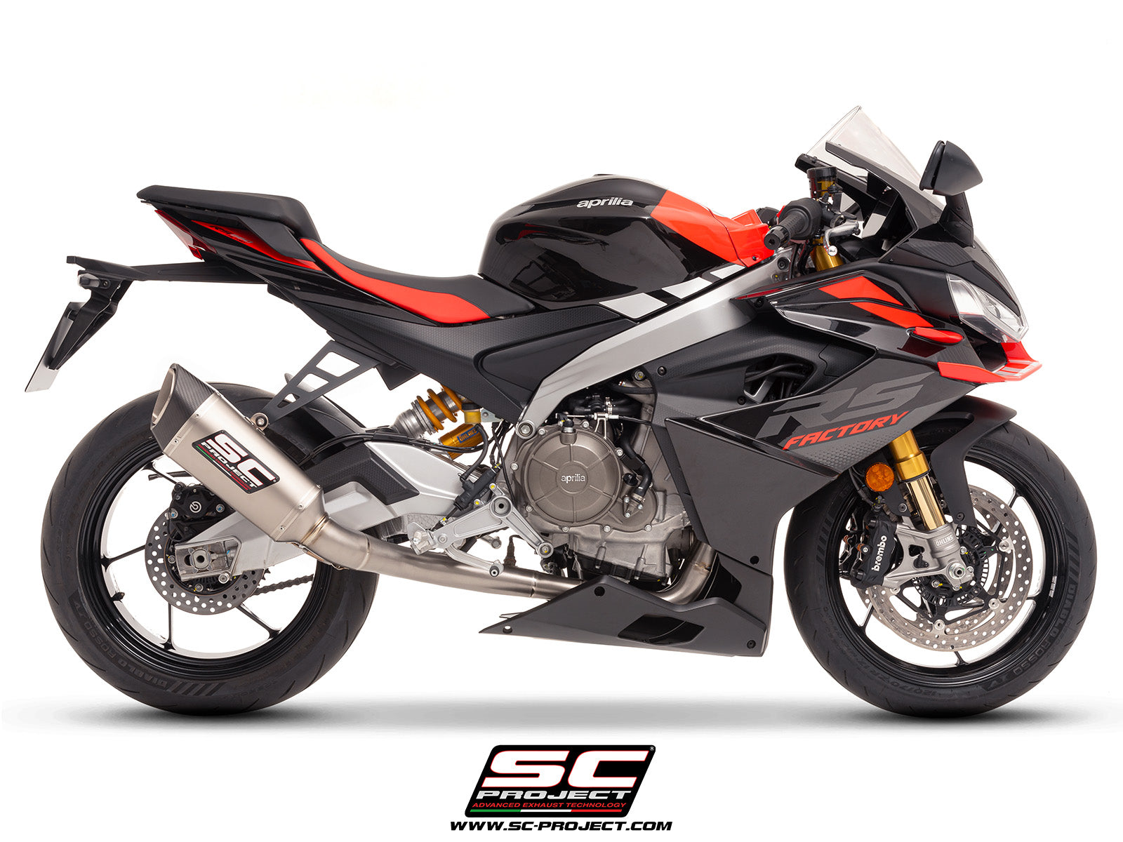 Aprilia Tuono 660 with SC-Project 2-1 Titanium full exhaust system, with SC1-R titanium exhaust, 3/4 rear view