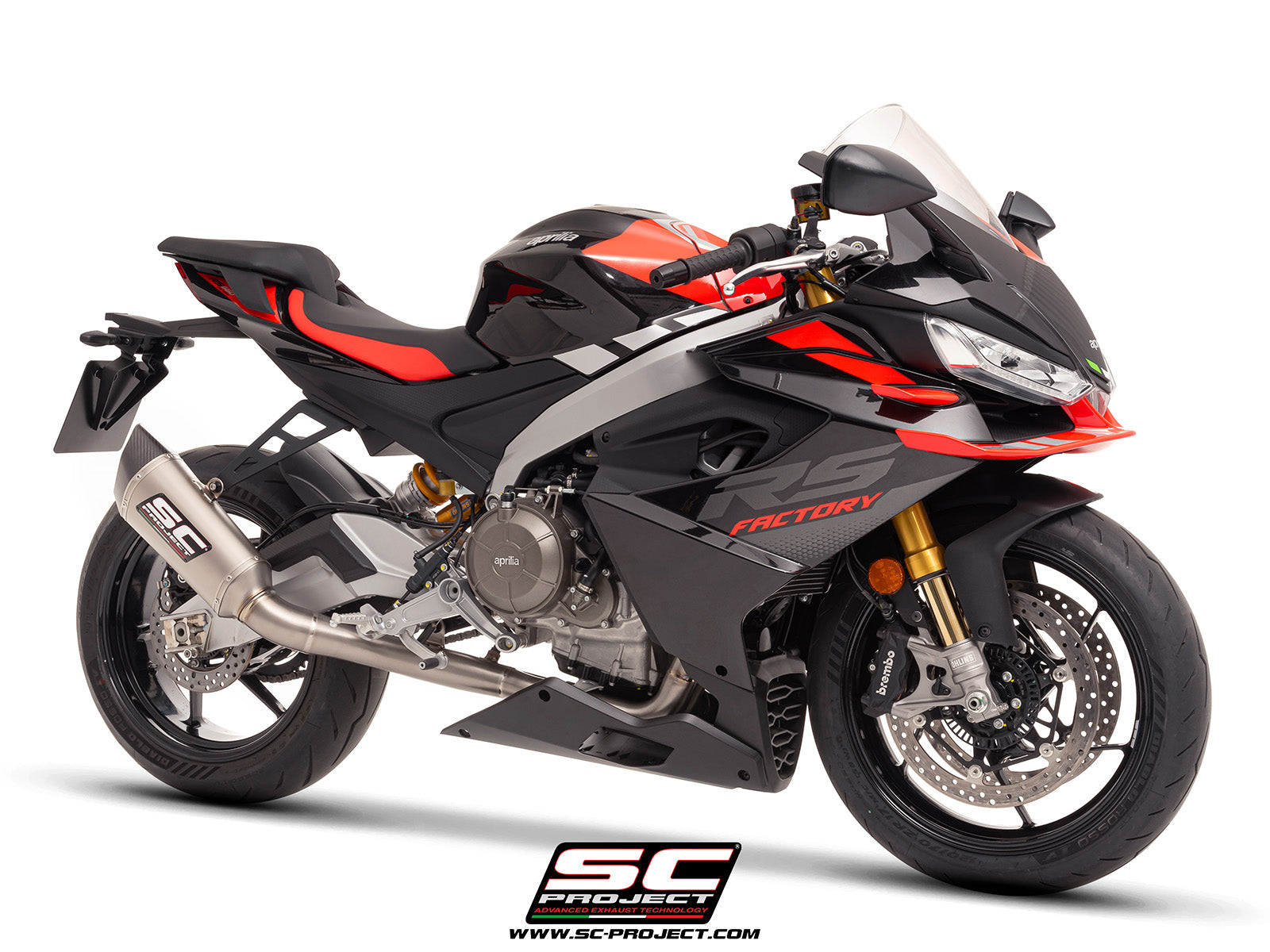 Aprilia Tuono 660 with SC-Project 2-1 Titanium full exhaust system, with SC1-R titanium exhaust, 3/4 rear view