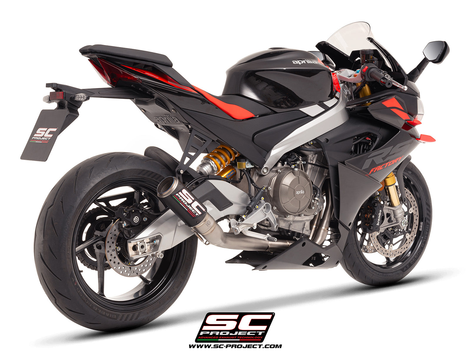 Aprilia Tuono 660 with SC-Project 2-1 Titanium full exhaust system, with CR-T carbon exhaust, 3/4 rear view
