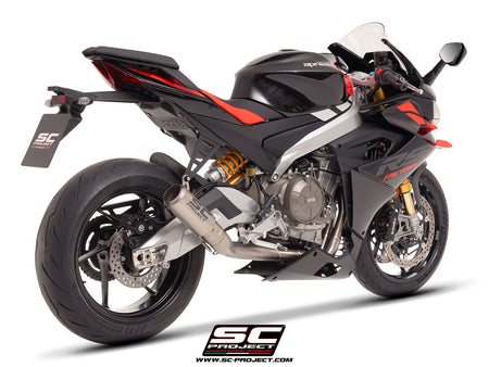 Aprilia Tuono 660 with SC-Project 2-1 Titanium full exhaust system, with CR-T titanium exhaust, 3/4 rear view