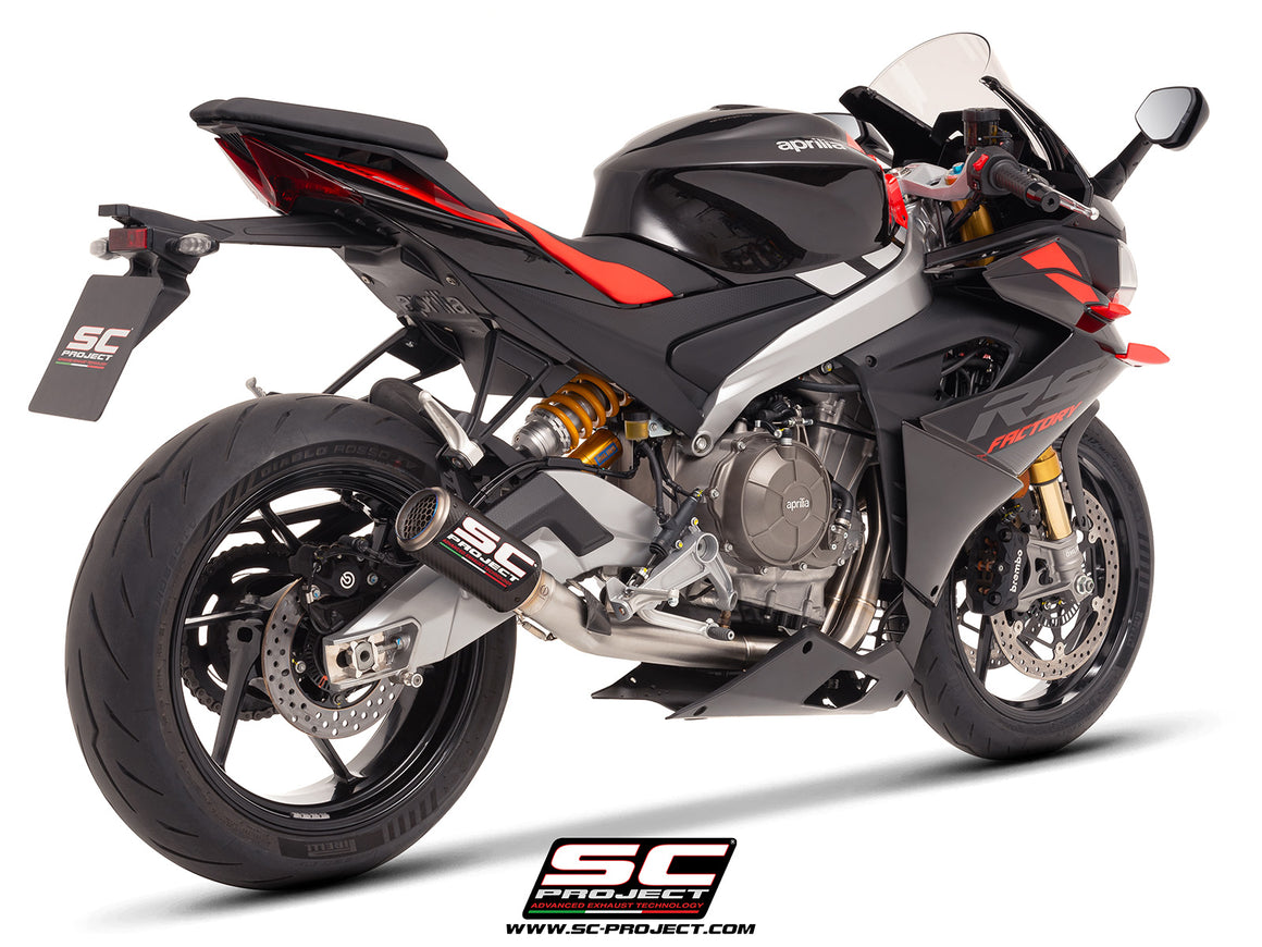 Aprilia Tuono 660 with SC-Project 2-1 stainless steel full exhaust system, with CR-T carbon exhaust, 3/4 rear view