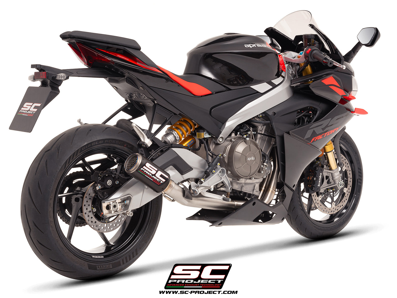 Aprilia Tuono 660 with SC-Project 2-1 stainless steel full exhaust system, with CR-T carbon exhaust, 3/4 rear view