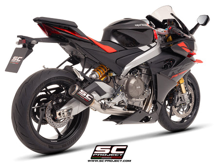 Aprilia Tuono 660 with SC-Project 2-1 stainless steel full exhaust system, with CR-T carbon exhaust, 3/4 rear view