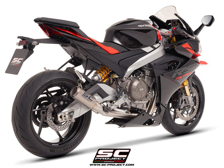 Aprilia Tuono 660 with SC-Project 2-1 stainless steel full exhaust system, with CR-T titanium exhaust, 3/4 rear view