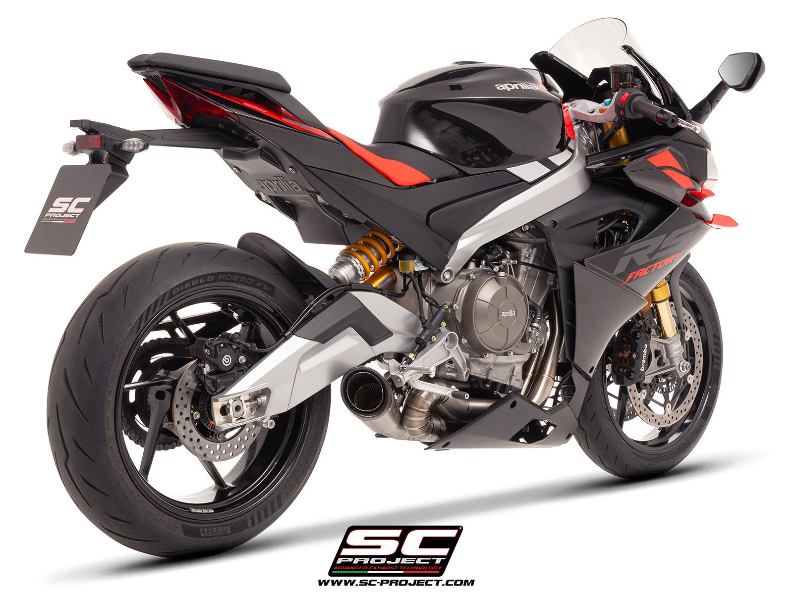Aprilia Tuono 660 with SC-Project 2-1 titanium full exhaust system, with S1 titanium exhaust, 3/4 rear view