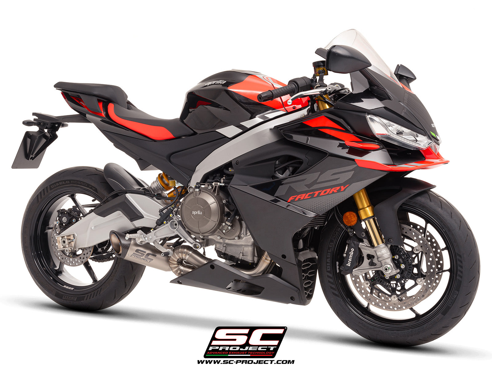 Aprilia Tuono 660 with SC-Project 2-1 titanium full exhaust system, with S1 titanium exhaust, 3/4 rear view