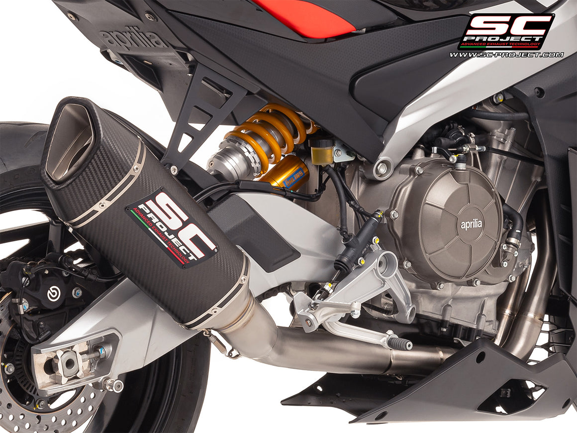 Aprilia Tuono 660 with SC-Project 2-1 Titanium full exhaust system, with SC1-R carbon exhaust, 3/4 rear view
