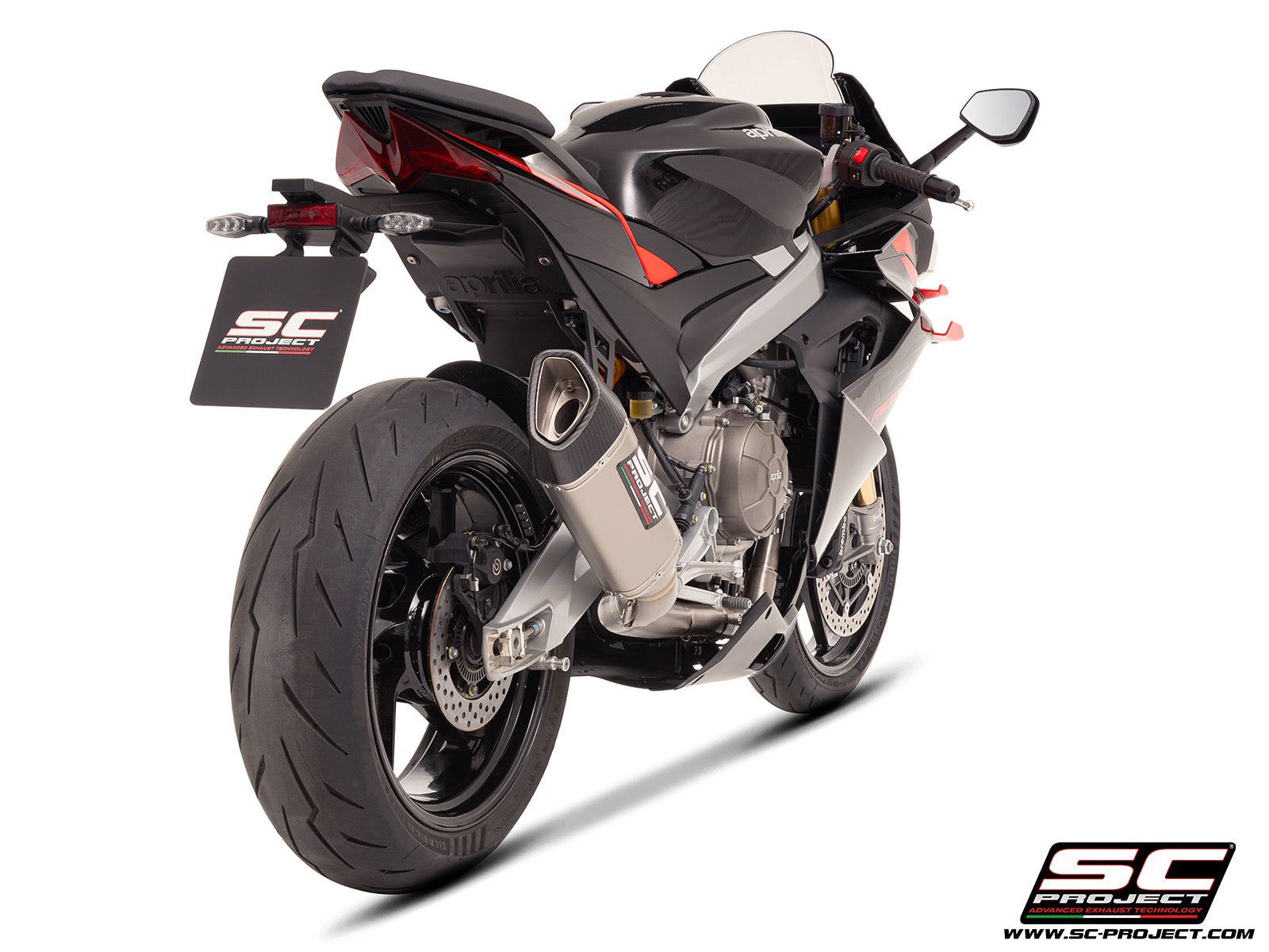 Aprilia Tuono 660 with SC-Project 2-1 Titanium full exhaust system, with SC1-R titanium exhaust, 3/4 rear view
