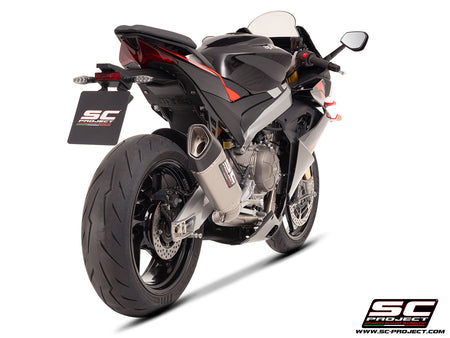Aprilia Tuono 660 with SC-Project 2-1 Titanium full exhaust system, with SC1-R titanium exhaust, 3/4 rear view
