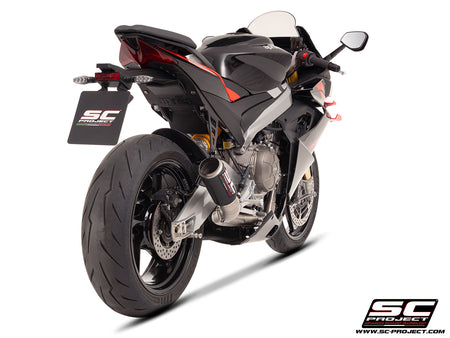 Aprilia Tuono 660 with SC-Project 2-1 Titanium full exhaust system, with CR-T carbon exhaust, 3/4 rear view
