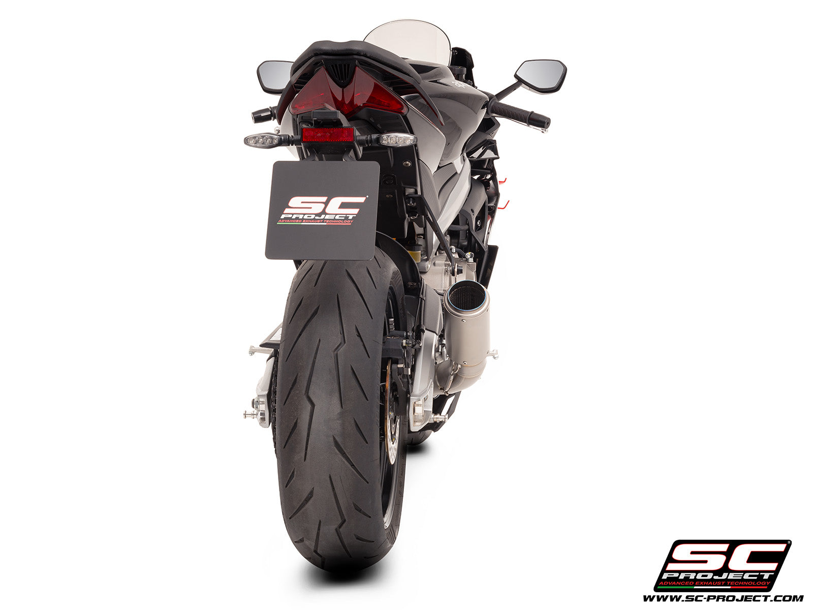 Aprilia Tuono 660 with SC-Project 2-1 Titanium full exhaust system, with CR-T titanium exhaust, 3/4 rear view