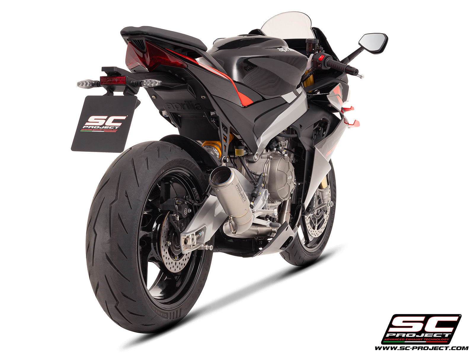 Aprilia Tuono 660 with SC-Project 2-1 Titanium full exhaust system, with CR-T titanium exhaust, 3/4 rear view