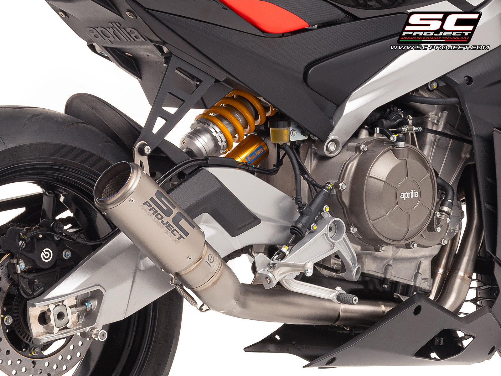 Aprilia Tuono 660 with SC-Project 2-1 Titanium full exhaust system, with CR-T titanium exhaust, 3/4 rear view