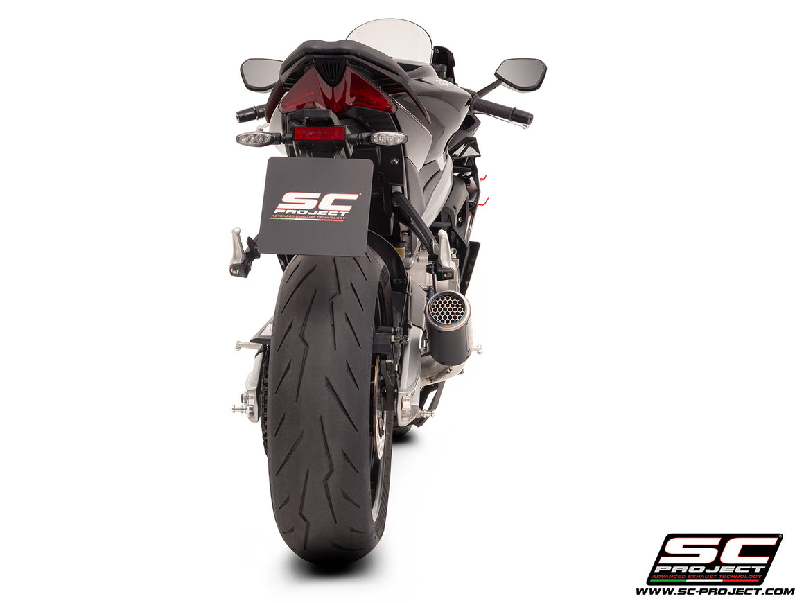 Aprilia Tuono 660 with SC-Project 2-1 stainless steel full exhaust system, with CR-T carbon exhaust, 3/4 rear view