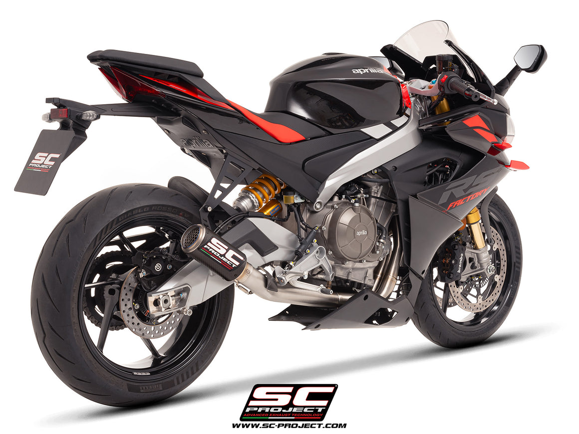 Aprilia Tuono 660 with SC-Project 2-1 stainless steel full exhaust system, with CR-T carbon exhaust, 3/4 rear view