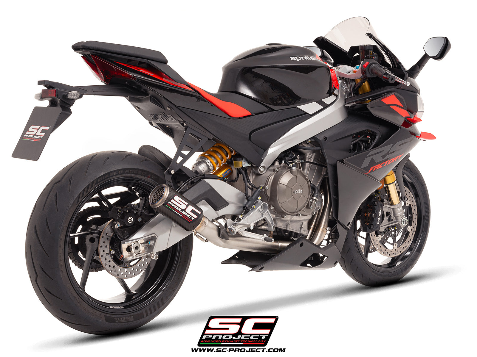 Aprilia Tuono 660 with SC-Project 2-1 stainless steel full exhaust system, with CR-T carbon exhaust, 3/4 rear view
