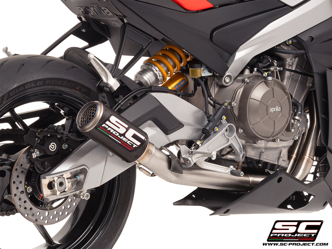 Aprilia Tuono 660 with SC-Project 2-1 stainless steel full exhaust system, with CR-T carbon exhaust, 3/4 rear view