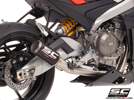 Aprilia Tuono 660 with SC-Project 2-1 stainless steel full exhaust system, with CR-T carbon exhaust, 3/4 rear view