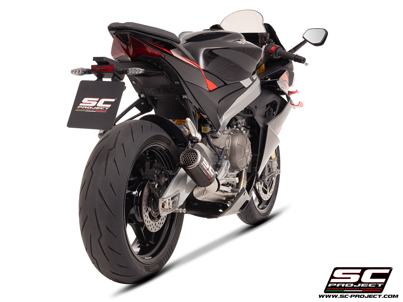 Aprilia Tuono 660 with SC-Project 2-1 stainless steel full exhaust system, with CR-T carbon exhaust, 3/4 rear view