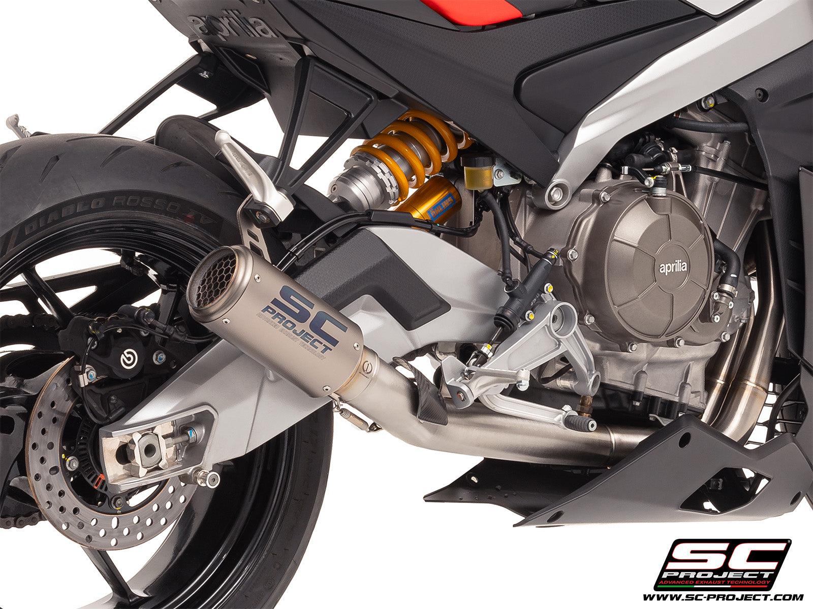 Aprilia Tuono 660 with SC-Project 2-1 stainless steel full exhaust system, with CR-T titanium exhaust, 3/4 rear view
