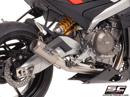 Aprilia Tuono 660 with SC-Project 2-1 stainless steel full exhaust system, with CR-T titanium exhaust, 3/4 rear view