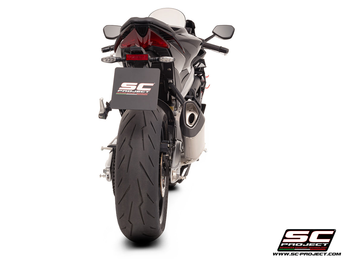 Aprilia Tuono 660 with SC-Project 2-1 stainless steel full exhaust system, with SC1-R titanium exhaust, 3/4 rear view