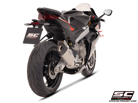 Aprilia Tuono 660 with SC-Project 2-1 stainless steel full exhaust system, with SC1-R titanium exhaust, 3/4 rear view