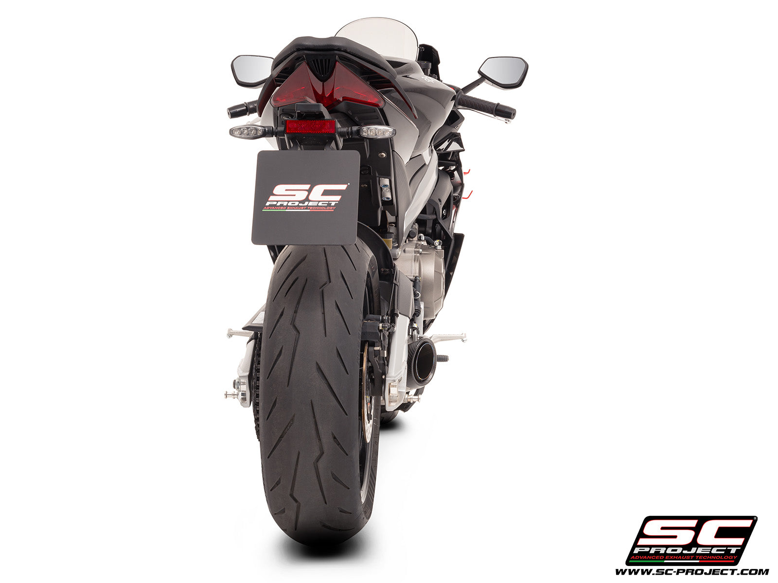 Aprilia Tuono 660 with SC-Project 2-1 titanium full exhaust system, with S1 titanium exhaust, 3/4 rear view